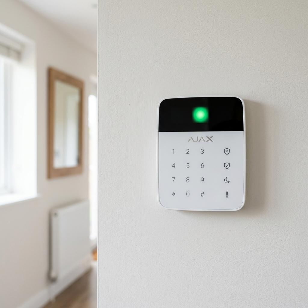 Professional Ajax alarm system keypad installed on a home wall