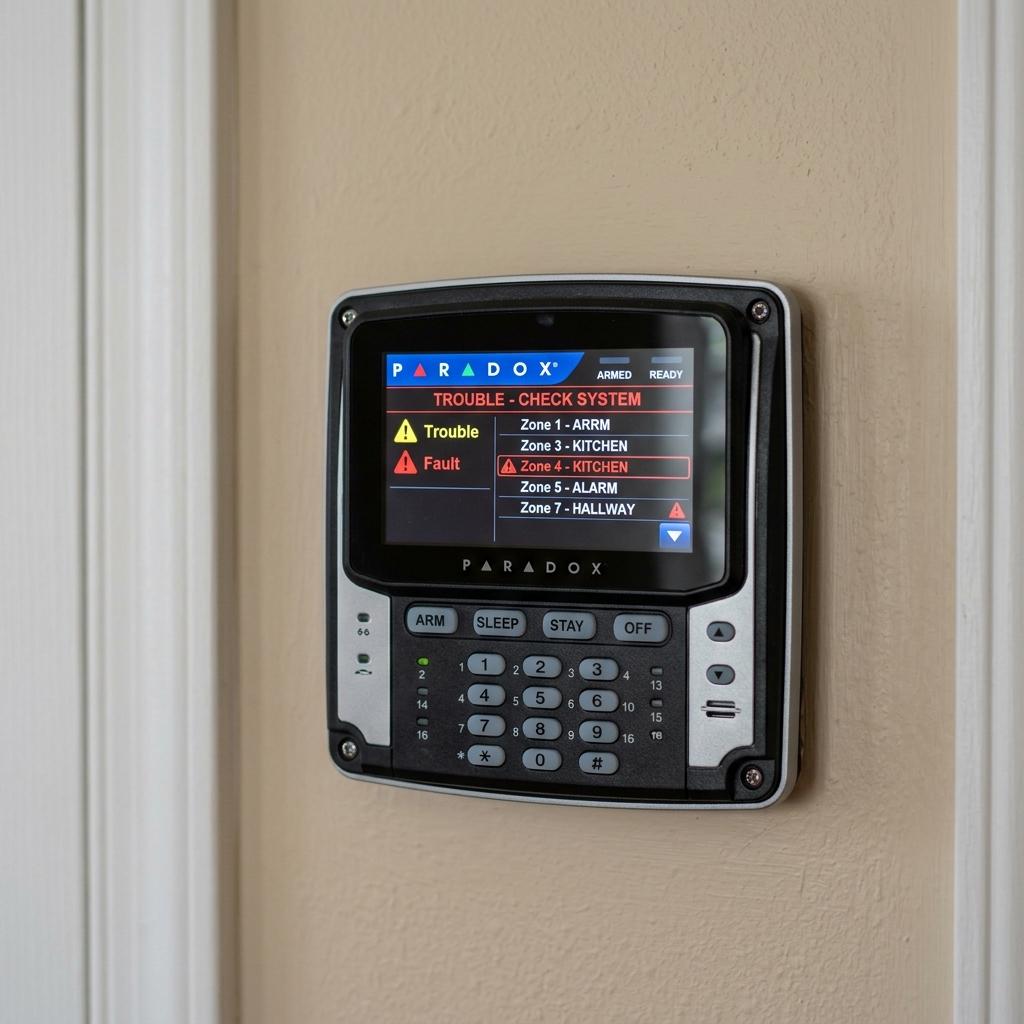 Paradox alarm system keypad showing warning indicators for troubleshooting and repair