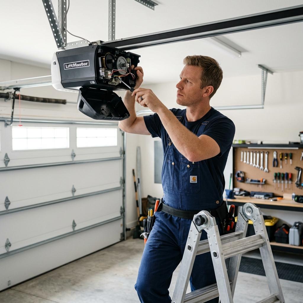 Centurion garage door motor installed on a garage ceiling during a repair job